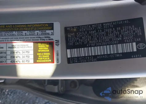 2011 Toyota Camry Le z USA, uszkodzony, nr VIN 4T1BF3EK2BU123082